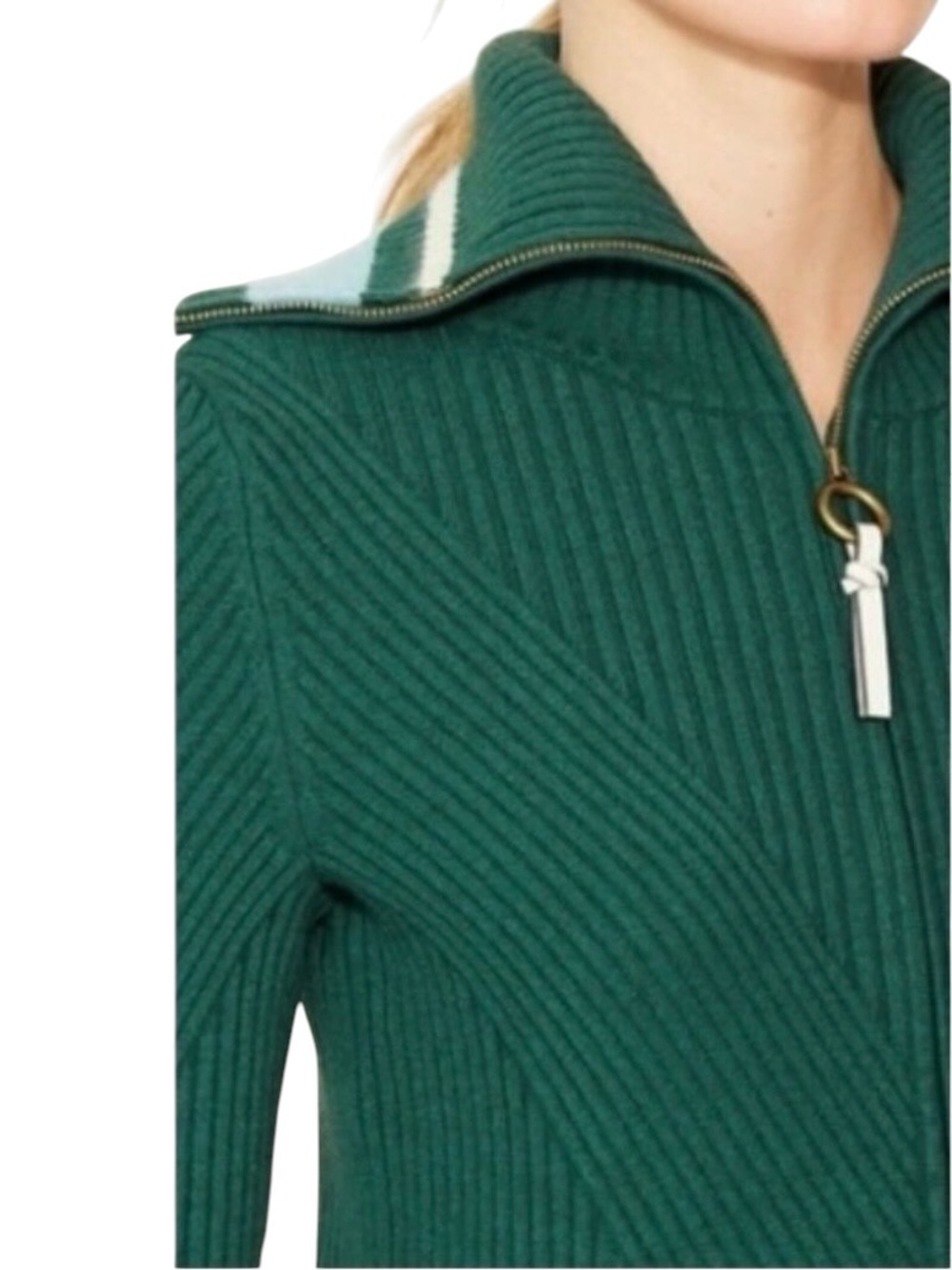 TORY BURCH Noland Norwood Green Front Zip Ribbed Cardigan Sweater XS - Picture 6 of 9